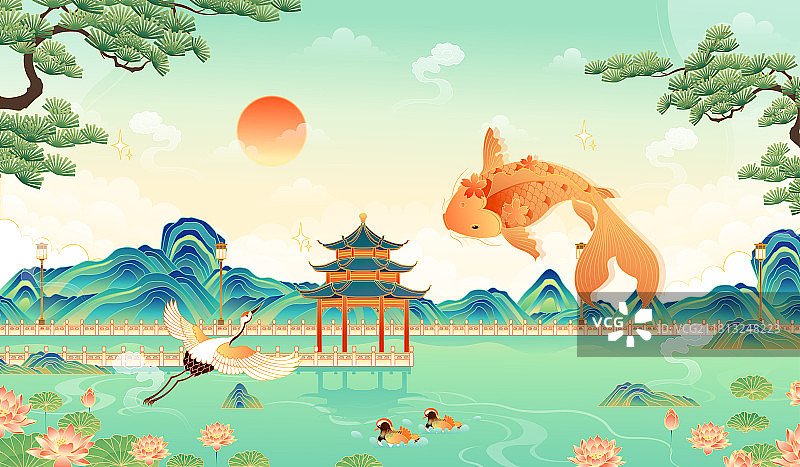 江南园林山水风景矢量插画图片素材
