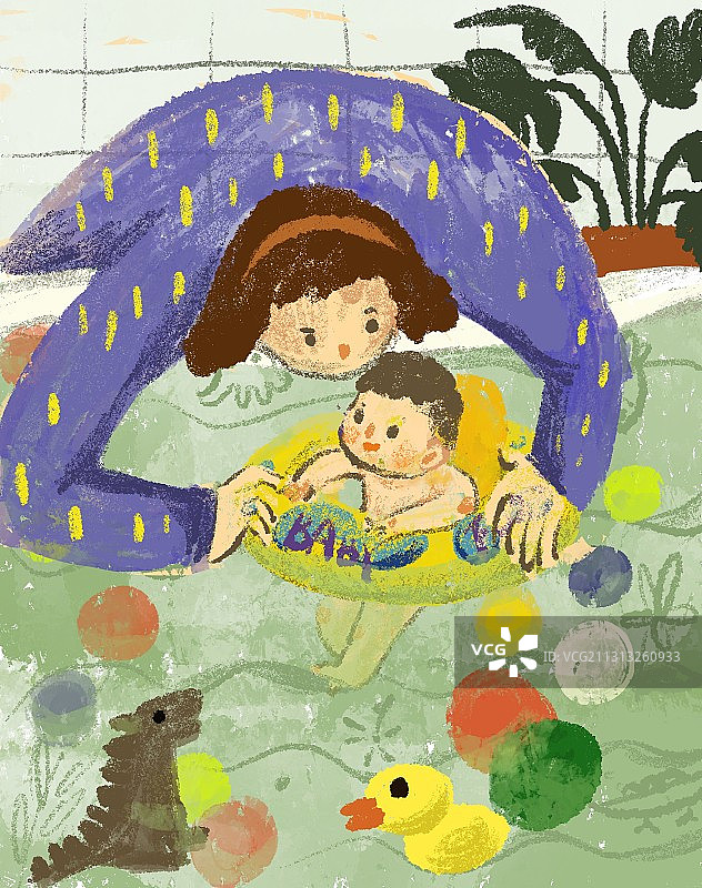 妈妈陪着小婴儿在室内游泳池游泳图片素材