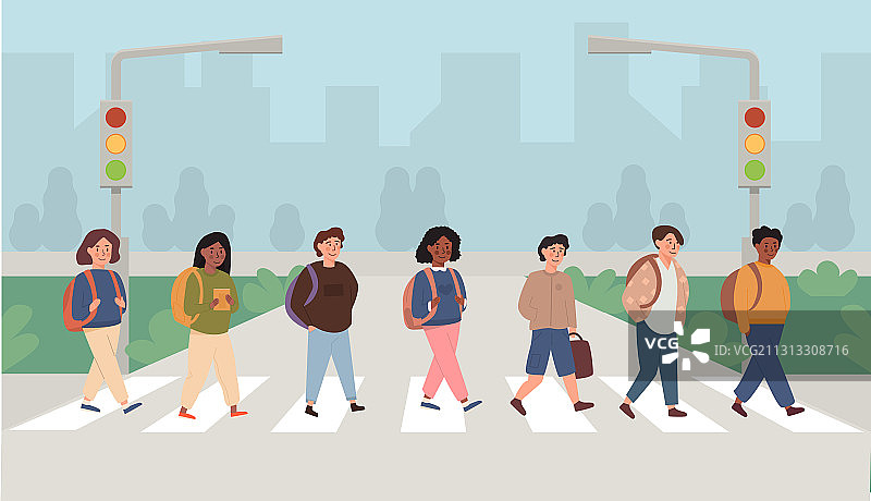 混合种族儿童过马路图片素材
