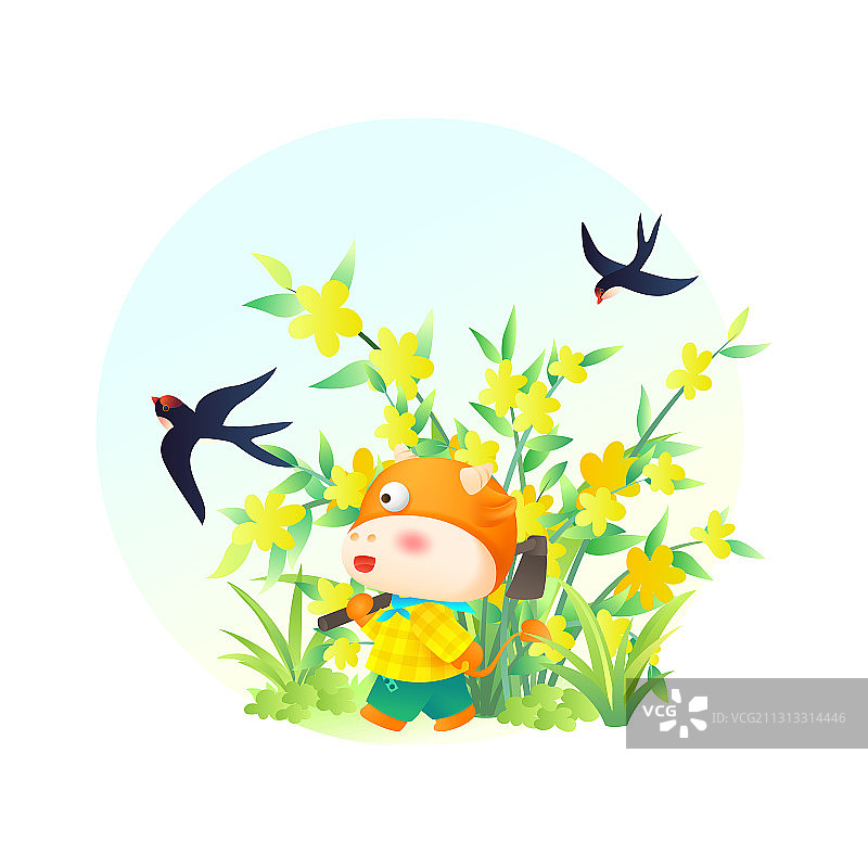 2021牛年迎春花前扛锄头的小黄牛与燕子图片素材