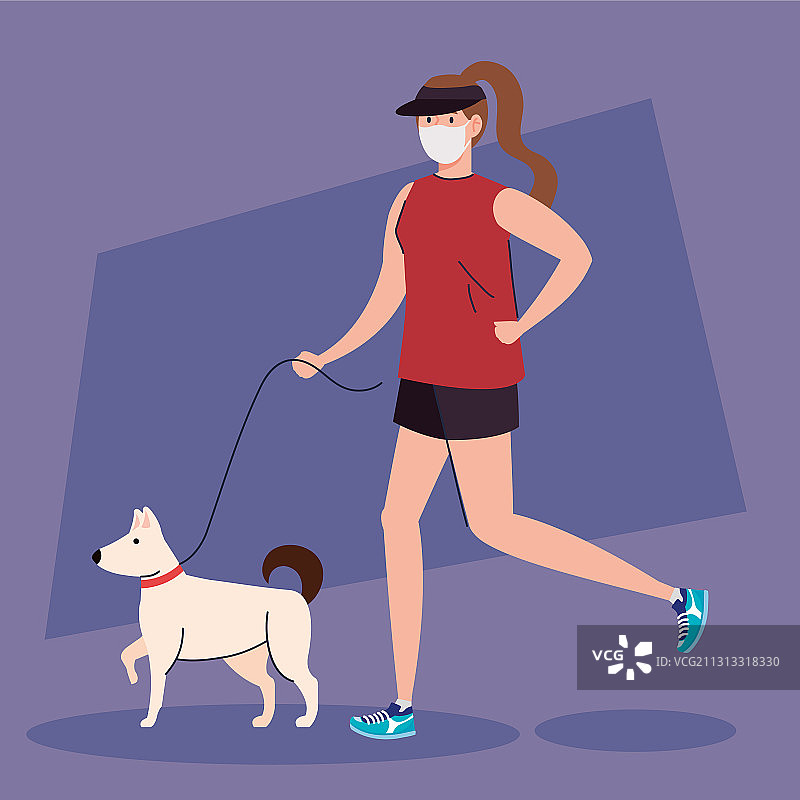 穿运动服戴医用口罩的女人和狗图片素材