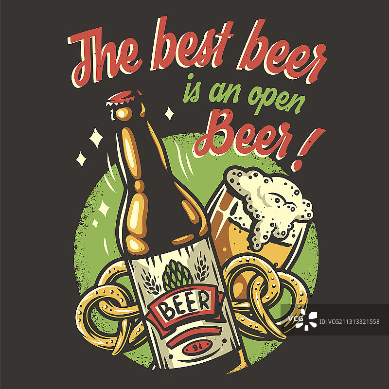 T恤印花：啤酒杯、椒盐卷饼和瓶子图片素材