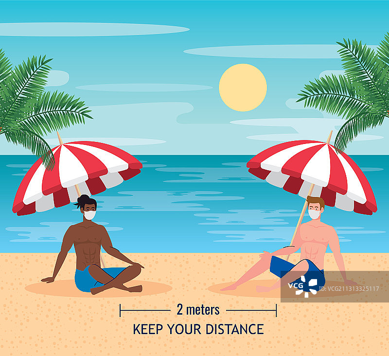 海滩上保持社交距离的男人们图片素材