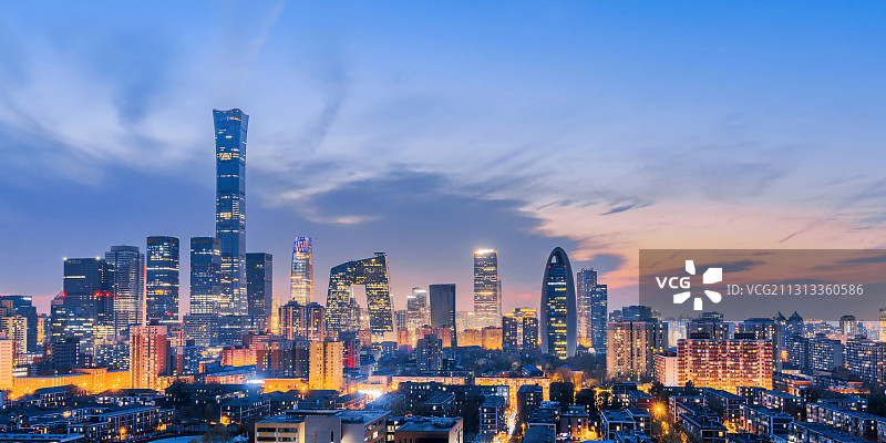 中国北京CBD建筑群高视角夜景图片素材