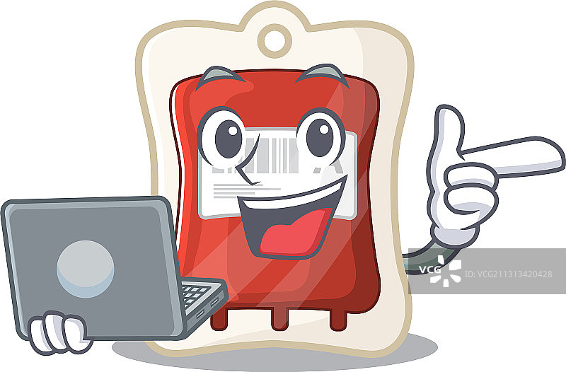 卡通血袋角色使用笔记本电脑工作图片素材