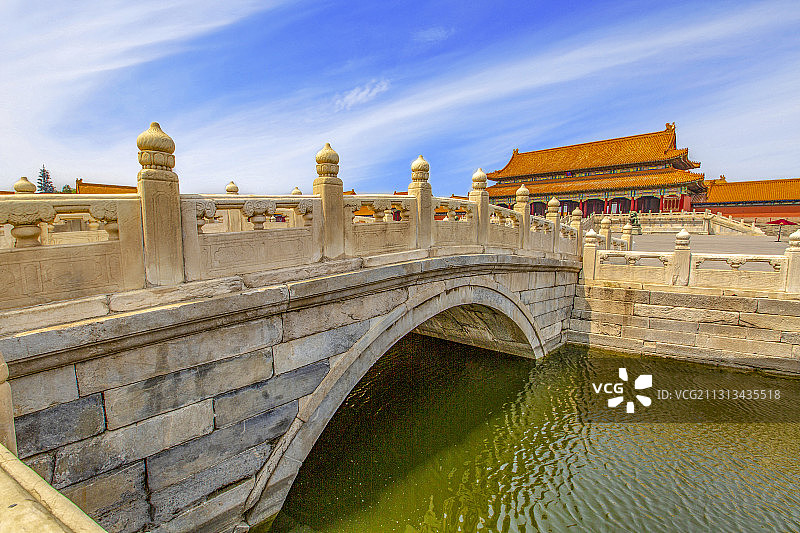 蓝天白云下的北京故宫内金水桥图片素材
