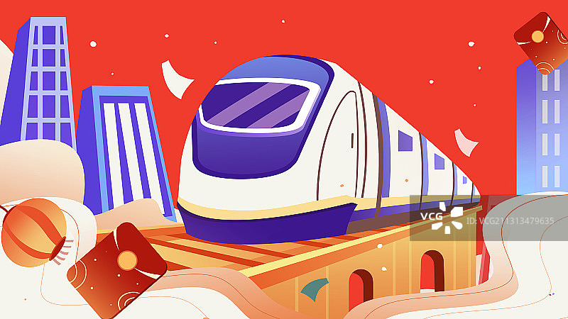 卡通手绘春运火车高铁动车春节返乡回家插画图片素材