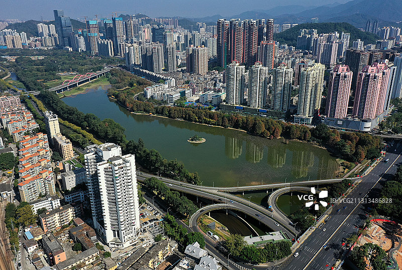 广东省深圳市罗湖区洪湖公园航拍图片素材