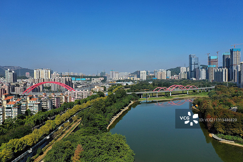 广东省深圳市罗湖区洪湖公园航拍图片素材