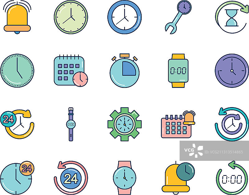 铃铛和时间图标线性填充样式图片素材