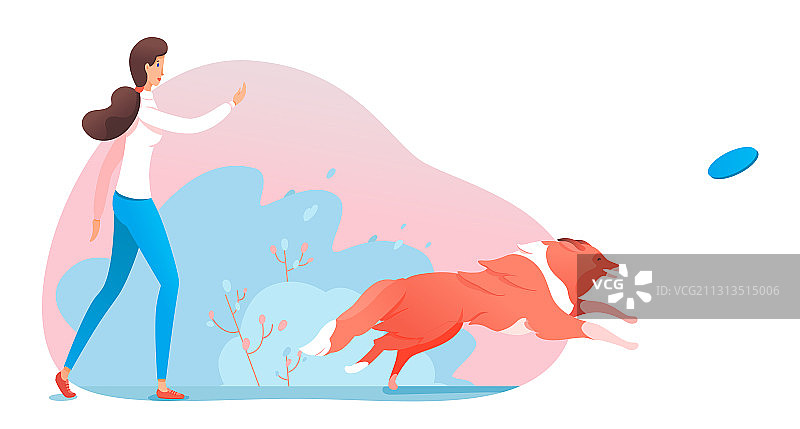 女人扔飞盘，狗追逐图片素材