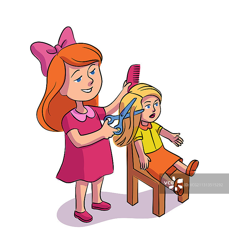 女孩梳理娃娃头发图片素材