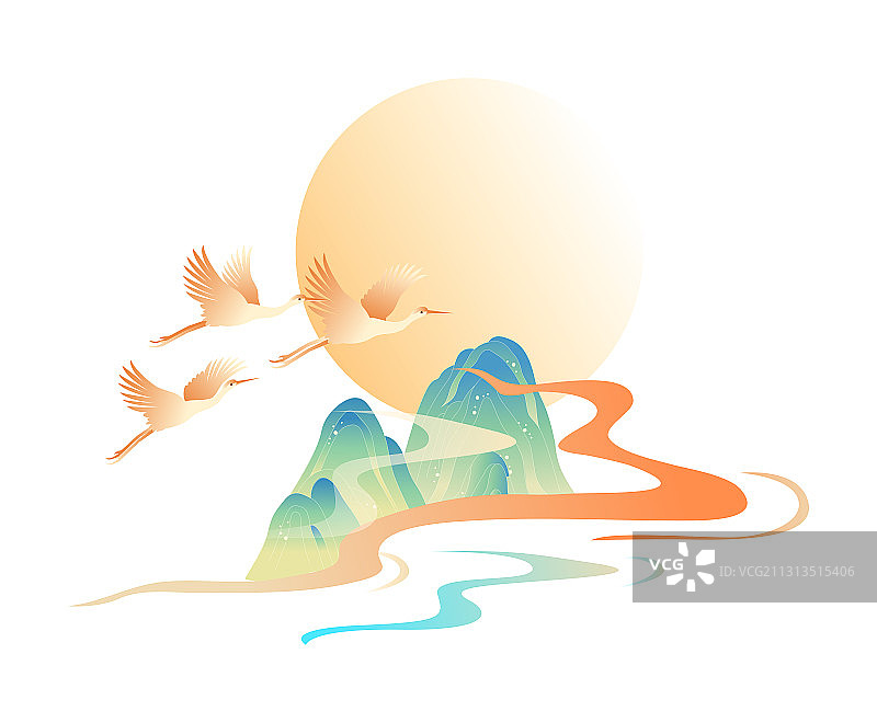 简约山水仙鹤图案，白色背景图片素材