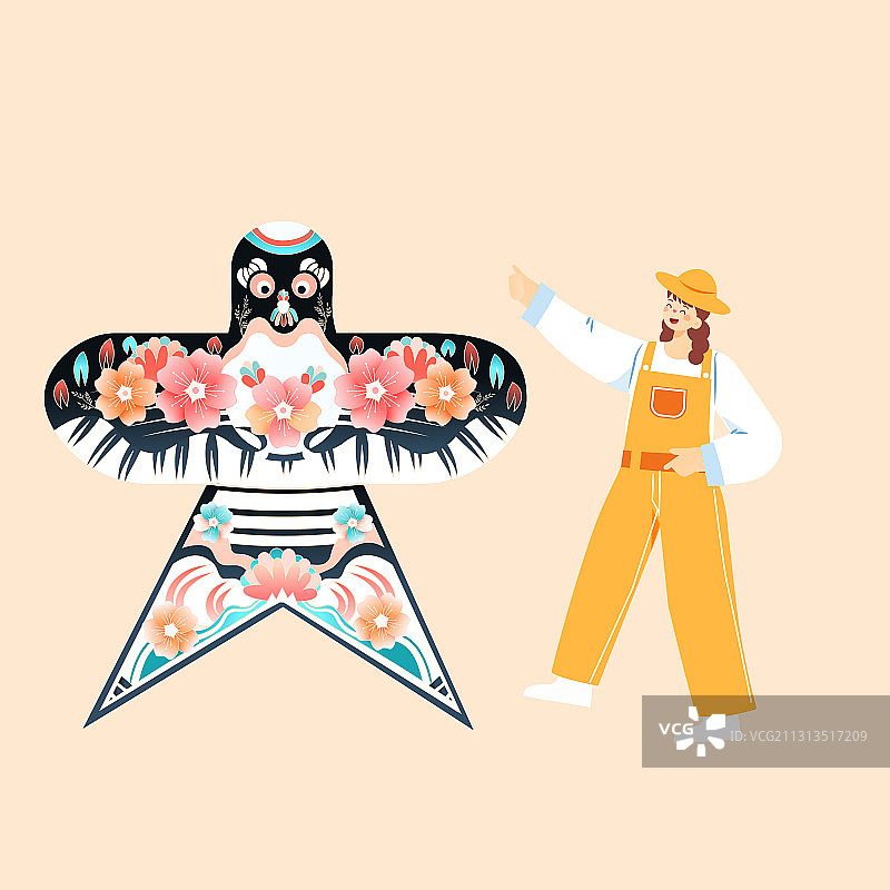 卡通春季春天立春节气少女放风筝纸鸢工艺品中国风国潮矢量插画图片素材
