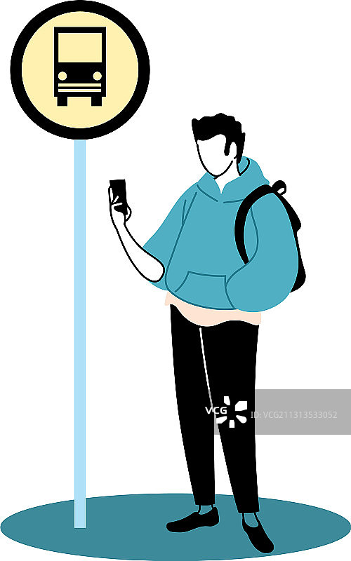 年轻男人在公交车站等车，拿着手机图片素材