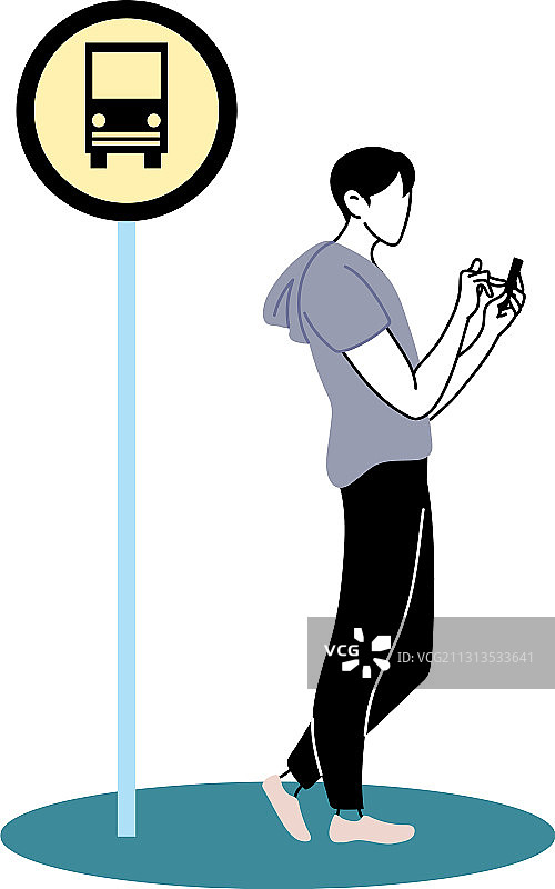 年轻男人在公交车站等车，拿着手机图片素材