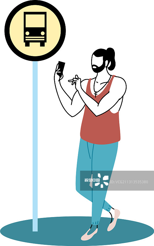 年轻男人在公交车站等车，拿着手机图片素材