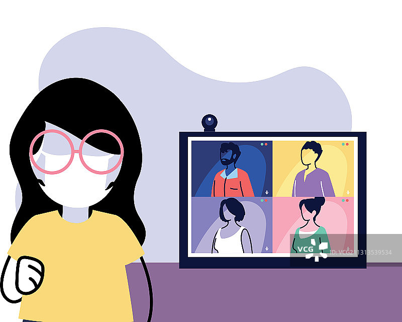 居家上网课预防新冠的女学生图片素材