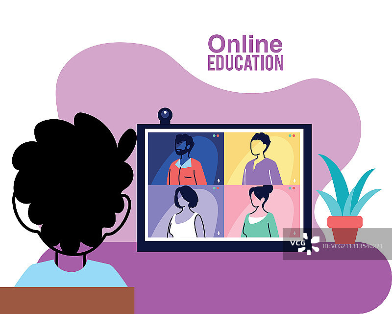 男孩在家上网课，预防新冠图片素材