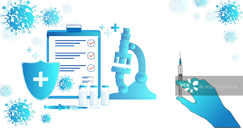 戴医用手套注射接种疫苗和用显微镜观察研究图片素材