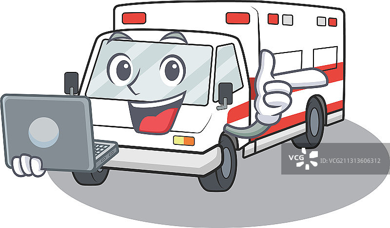 卡通救护车使用笔记本电脑工作图片素材