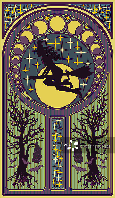 新艺术风格的月亮女巫女孩卡片图片素材