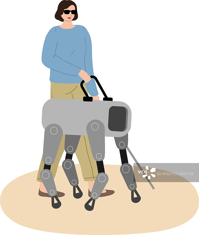导盲犬机器人帮助盲人女性在户外行走图片素材