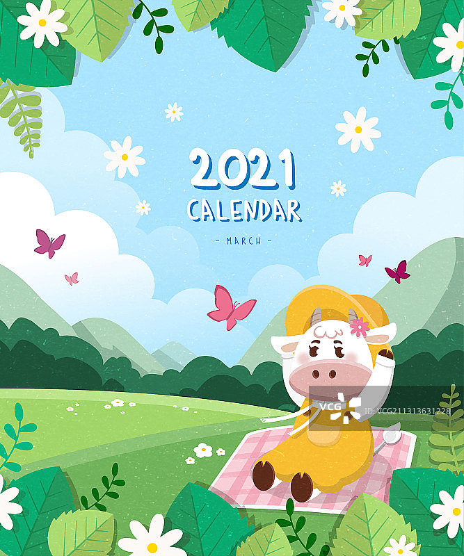 奶牛坐在公园垫子上的三月日历矢量插画图片素材