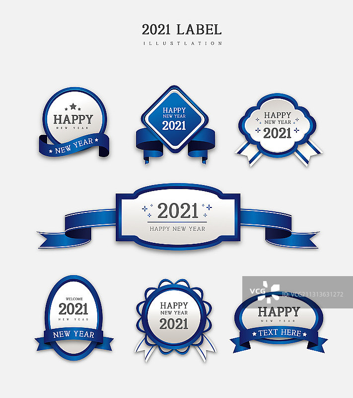 带蓝色丝带的新年标签矢量图标集图片素材