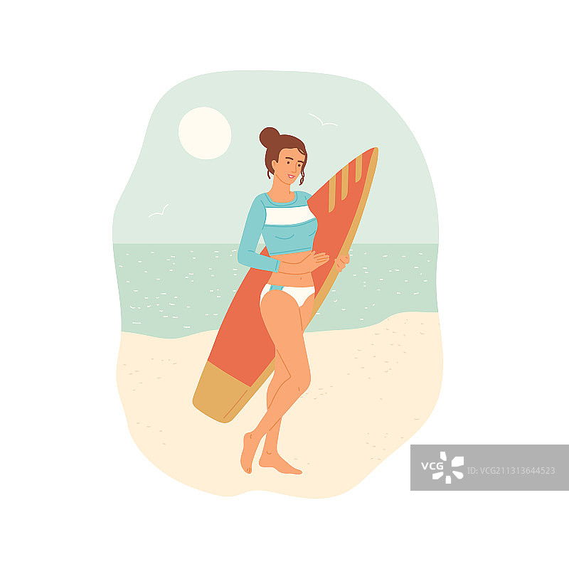 身穿泳衣，手持冲浪板站在海滩上的女孩图片素材