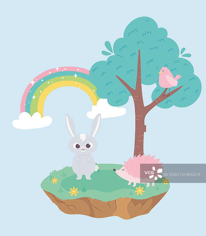 可爱的小兔子和刺猬在树上图片素材