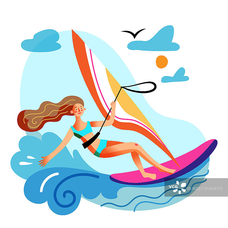 年轻女人在海中玩帆板图片素材