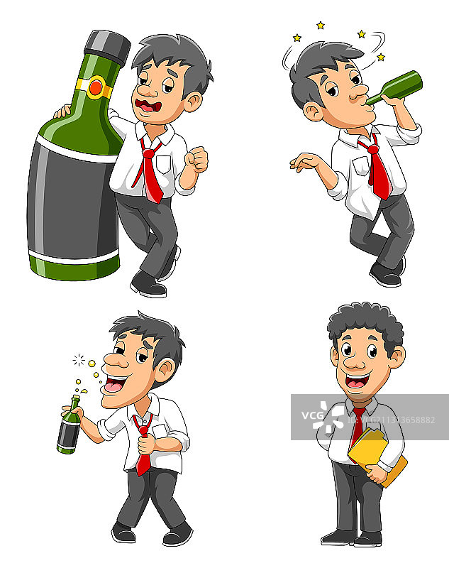 拿着绿色酒精瓶的醉酒商人图片素材