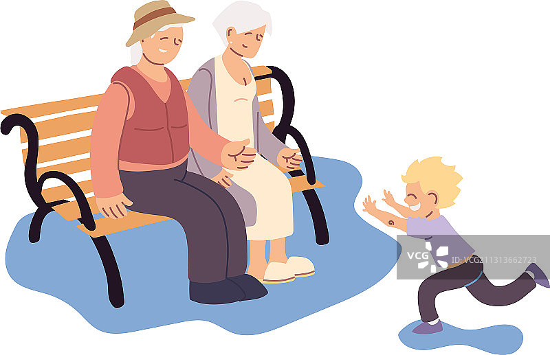 祖父母和孙子坐在长椅上图片素材