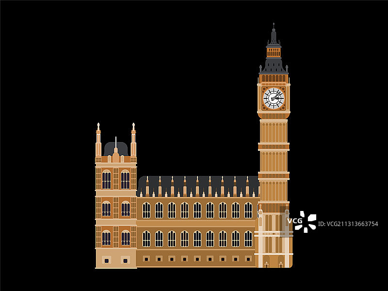 伦敦大本钟钟楼，黑色背景扁平风格图片素材