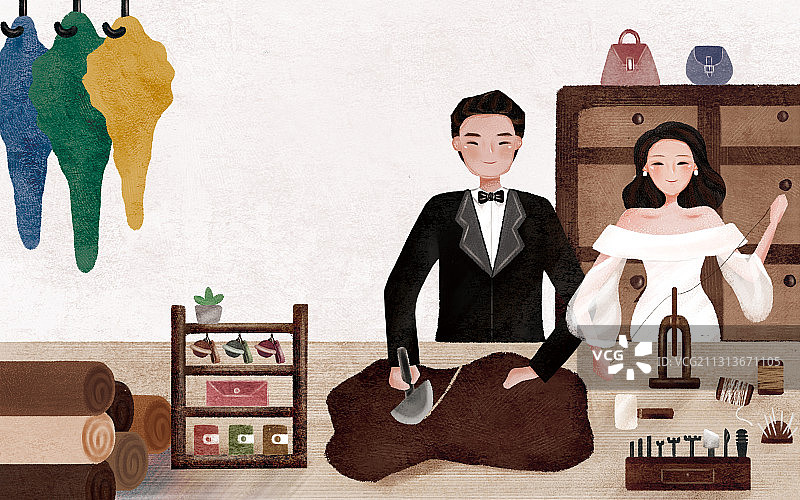 手工皮具家庭作坊场景插画图片素材