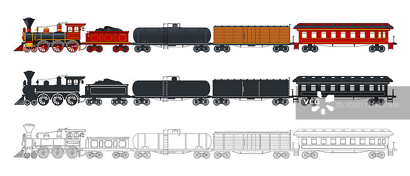 三种不同的复古火车图案图片素材
