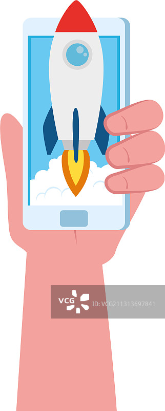 手持显示启动火箭的智能手机图片素材