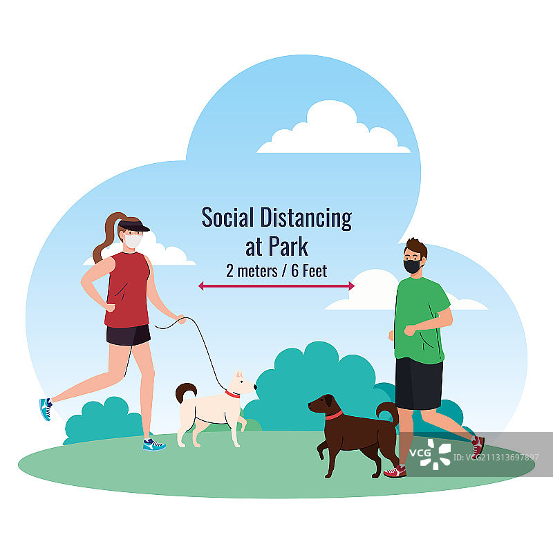 戴口罩的男女之间的社交距离图片素材