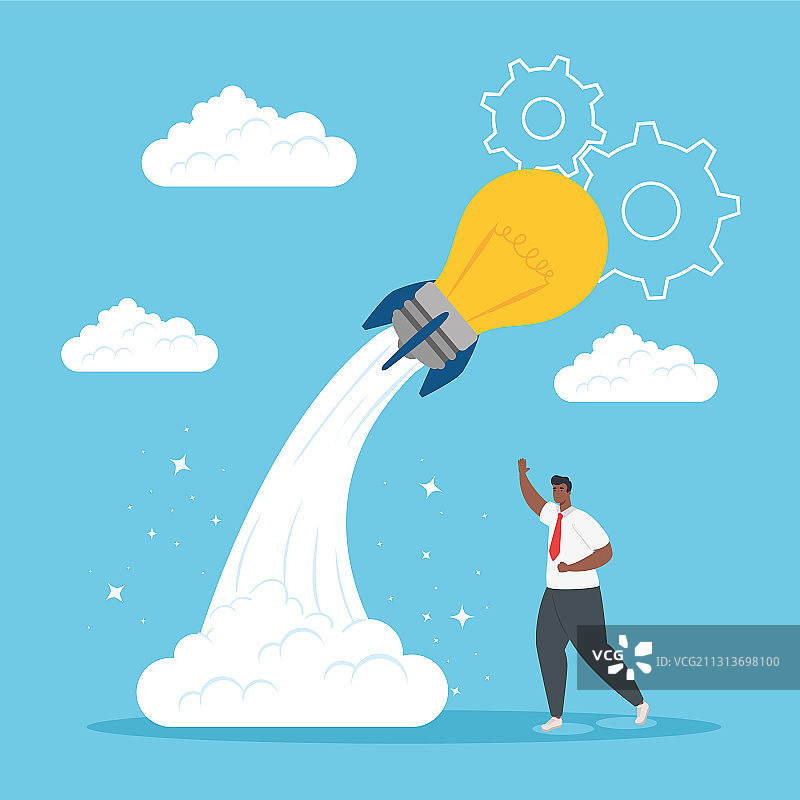 带着启动灯泡火箭设计的男人图片素材
