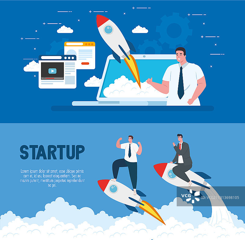 男性使用启动火箭和笔记本电脑设计图片素材