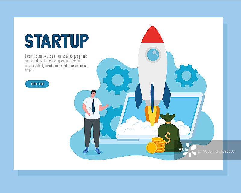 手提电脑火箭与钱袋的男人图片素材