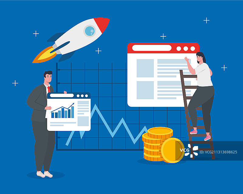 男女与启动火箭及图标图片素材