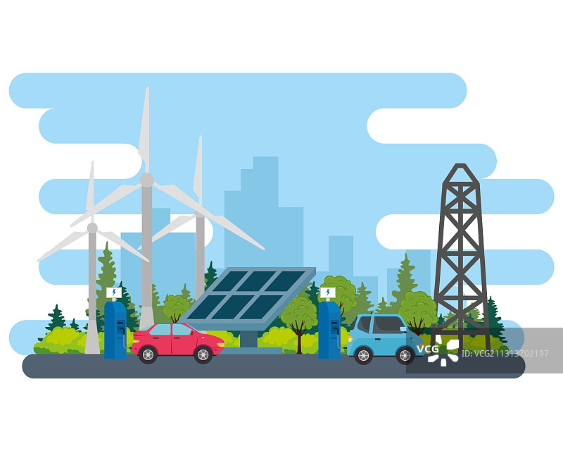 带有太阳能充电站的电光蓝红色汽车图片素材