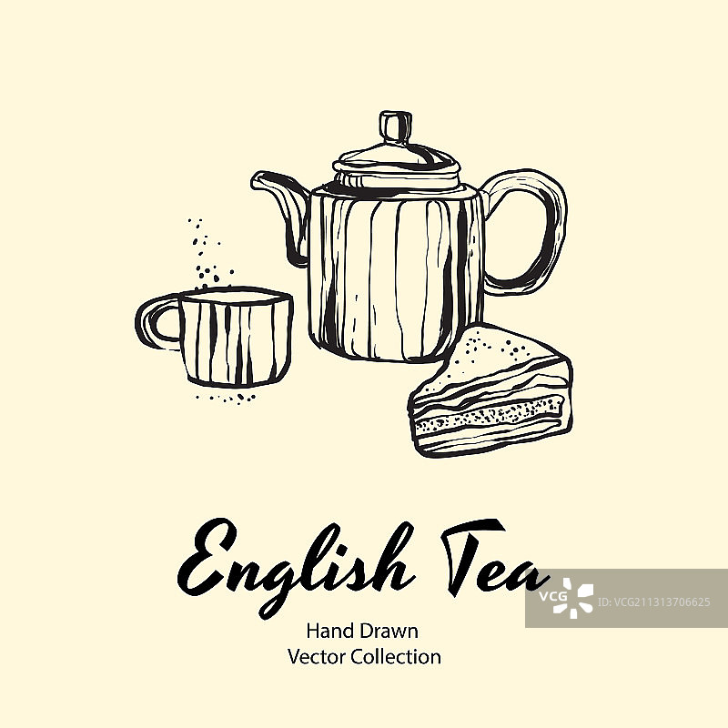 茶壶杯子和馅饼馅料黑色线条手绘图片素材