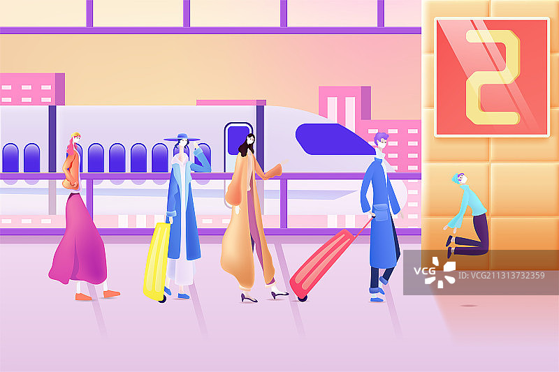 春节回家过年在高铁车站赶车的的人矢量插画图片素材