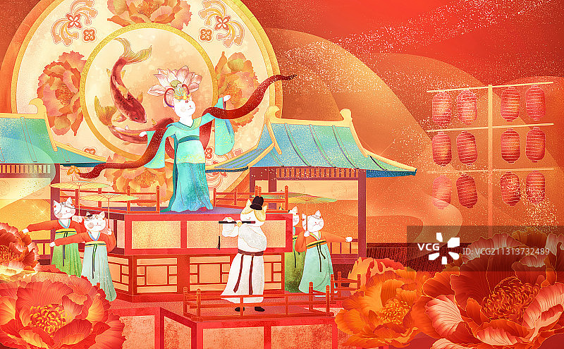 中国风国潮新年风俗年味猫咪花车歌舞图图片素材