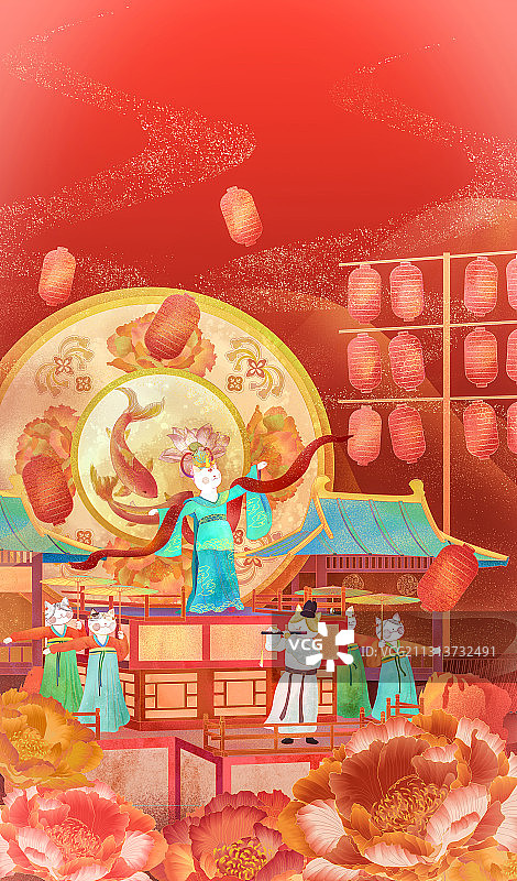 中国风国潮新年风俗年味猫咪花车歌舞图图片素材