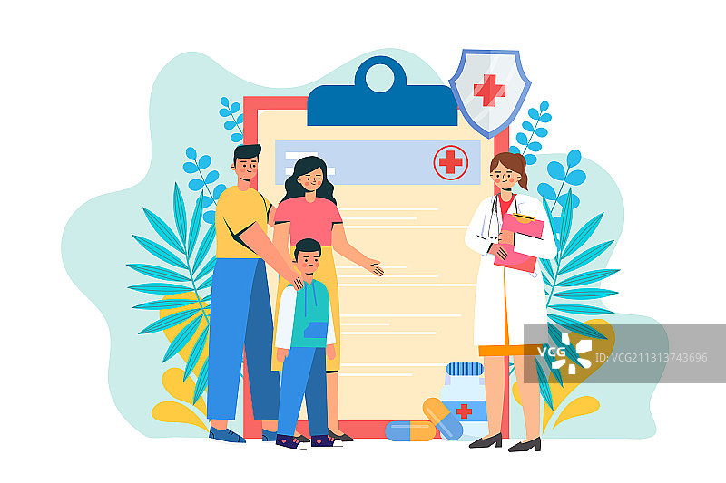 家长带孩子挂号就诊概念插画图片素材