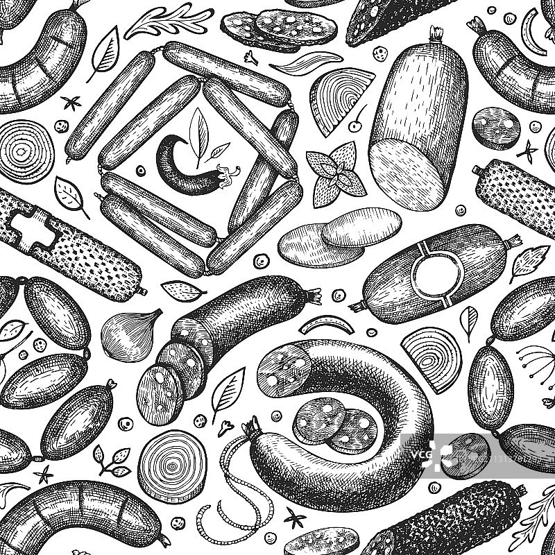 手绘复古肉类产品无缝图案图片素材